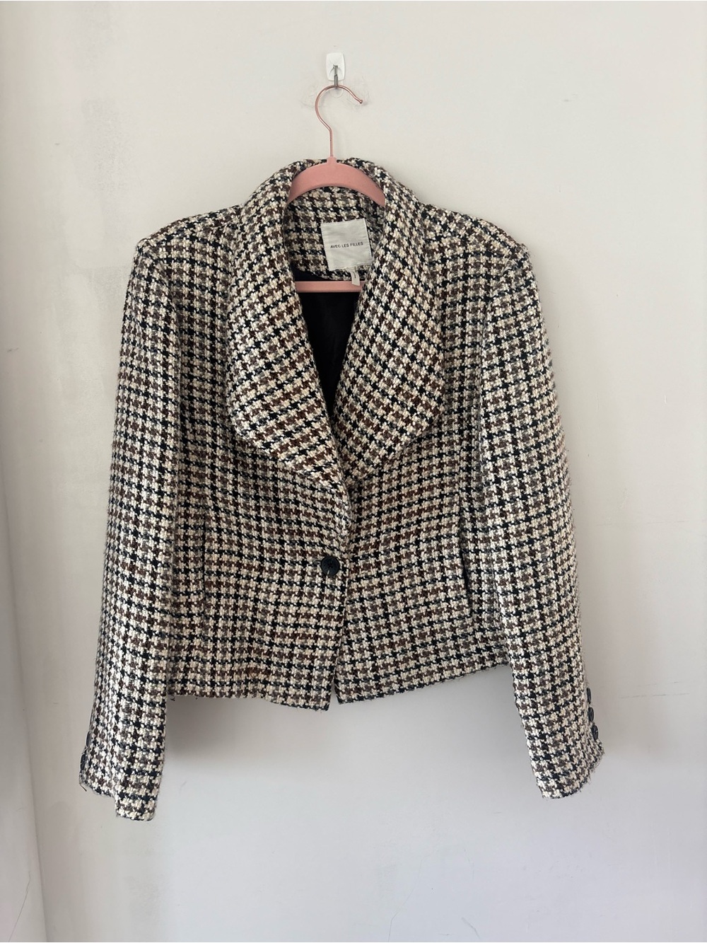 Avec Les Filles L Brown Cream Black Houndstooth Cropped Blazer Jacket